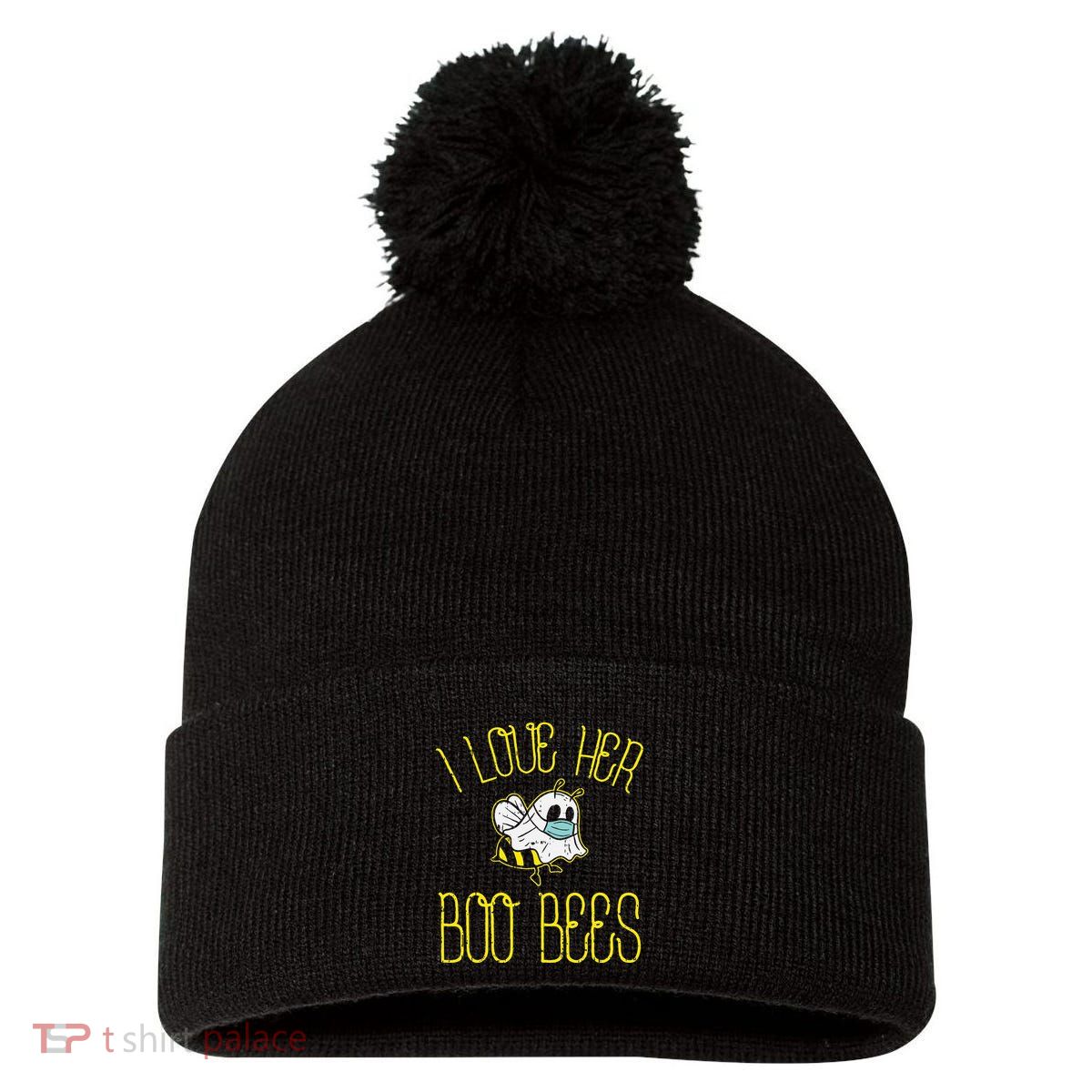 I Love Her Boo Bees Face Mask Matching Couple Pom Pom 12in Knit Beanie