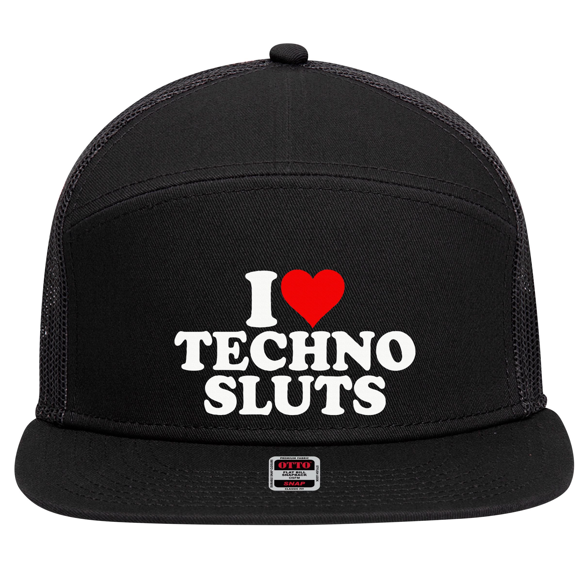 I Love Heart Techno Sluts Edm Music 7 Panel Mesh Trucker Snapback Hat