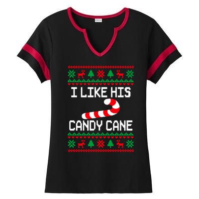 I Like His Candy Cane Funny Couples Ugly Christmas Sweater Ladies Halftime Notch Neck Tee