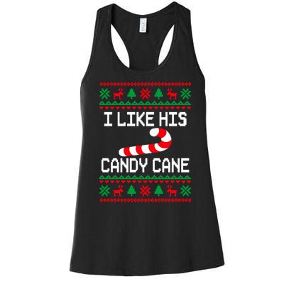 I Like His Candy Cane Funny Couples Ugly Christmas Sweater Women's Racerback Tank