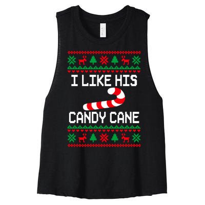 I Like His Candy Cane Funny Couples Ugly Christmas Sweater Women's Racerback Cropped Tank