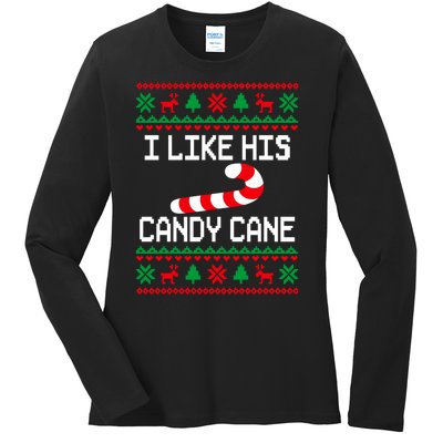 I Like His Candy Cane Funny Couples Ugly Christmas Sweater Ladies Long Sleeve Shirt