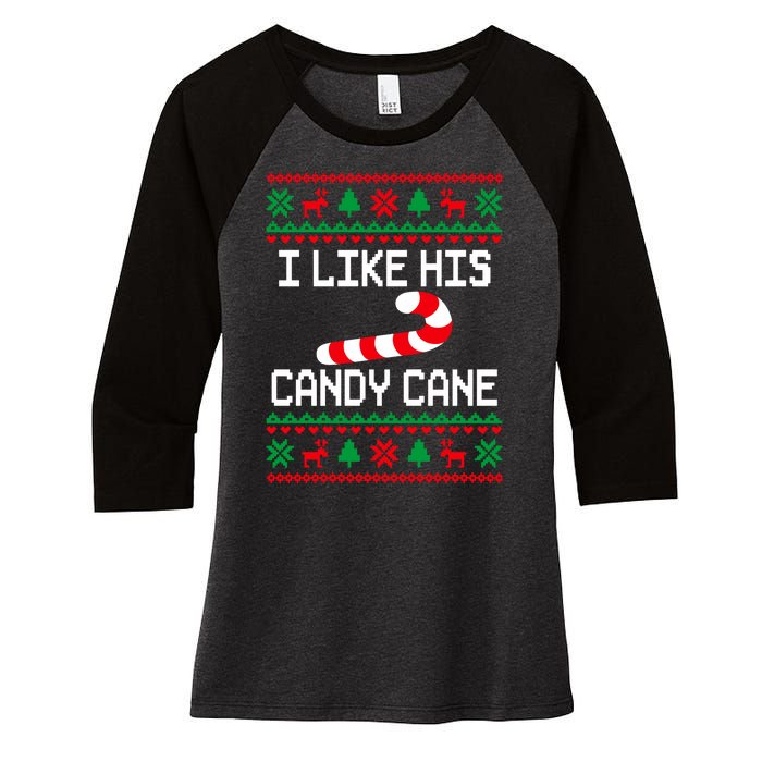 I Like His Candy Cane Funny Couples Ugly Christmas Sweater Women's Tri-Blend 3/4-Sleeve Raglan Shirt