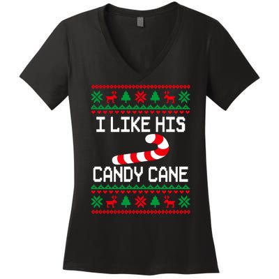 I Like His Candy Cane Funny Couples Ugly Christmas Sweater Women's V-Neck T-Shirt