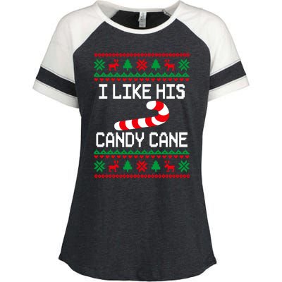 I Like His Candy Cane Funny Couples Ugly Christmas Sweater Enza Ladies Jersey Colorblock Tee