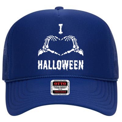 I Love Halloween Skeleton Heart Hands Cool Gift High Crown Mesh Back Trucker Hat