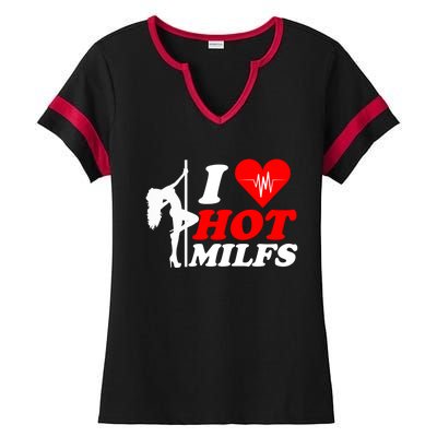 I Love Hot Milfs Funny Red Heart Love Milfs Hot Mom Hunter Funny Gift Ladies Halftime Notch Neck Tee