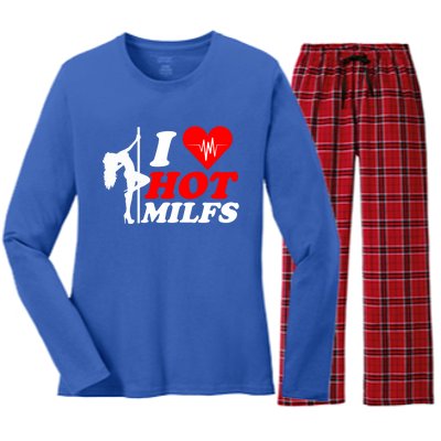 I Love Hot Milfs Funny Red Heart Love Milfs Hot Mom Hunter Funny Gift Women's Long Sleeve Flannel Pajama Set 