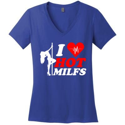 I Love Hot Milfs Funny Red Heart Love Milfs Hot Mom Hunter Funny Gift Women's V-Neck T-Shirt