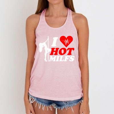 I Love Hot Milfs Funny Red Heart Love Milfs Hot Mom Hunter Funny Gift Women's Knotted Racerback Tank