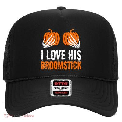 I Love His Broomstick I Love Her Pumpkins Halloween Couples High Crown Mesh Back Trucker Hat