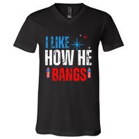 I Like How He Bangs Fireworks Funny 4th of July Couple V-Neck T-Shirt