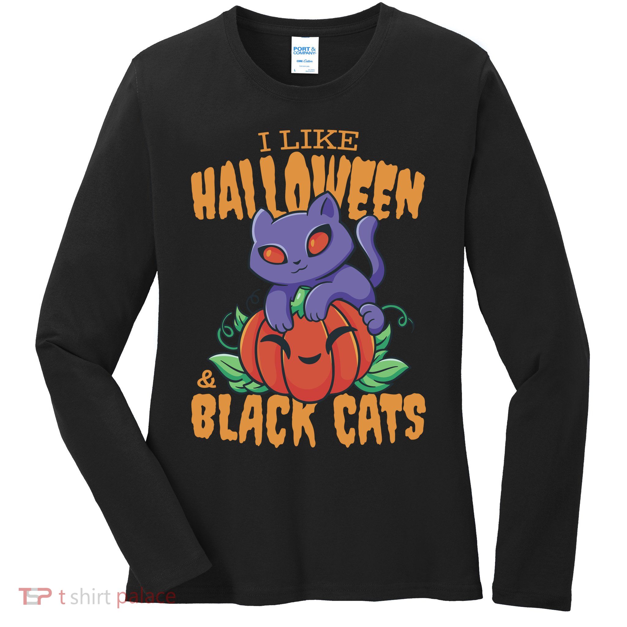 I Like Halloween And Black Cats Ladies Long Sleeve Shirt