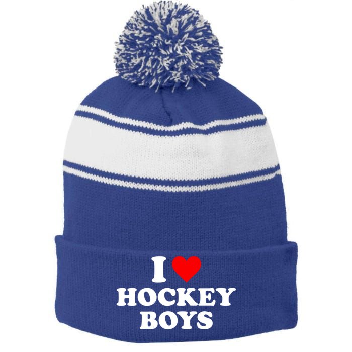 I Love Hockey Great Gift Stripe Pom Pom Beanie