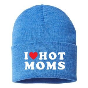 I Love Hot Moms Funny Red Heart Love Moms Funny Great Gift Sustainable Knit Beanie