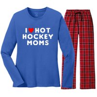 I Love Hot Hockey Moms Funny Red Heart Cute Gift Women's Long Sleeve Flannel Pajama Set 