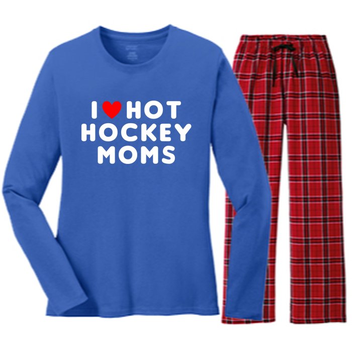 I Love Hot Hockey Moms Funny Red Heart Cute Gift Women's Long Sleeve Flannel Pajama Set 