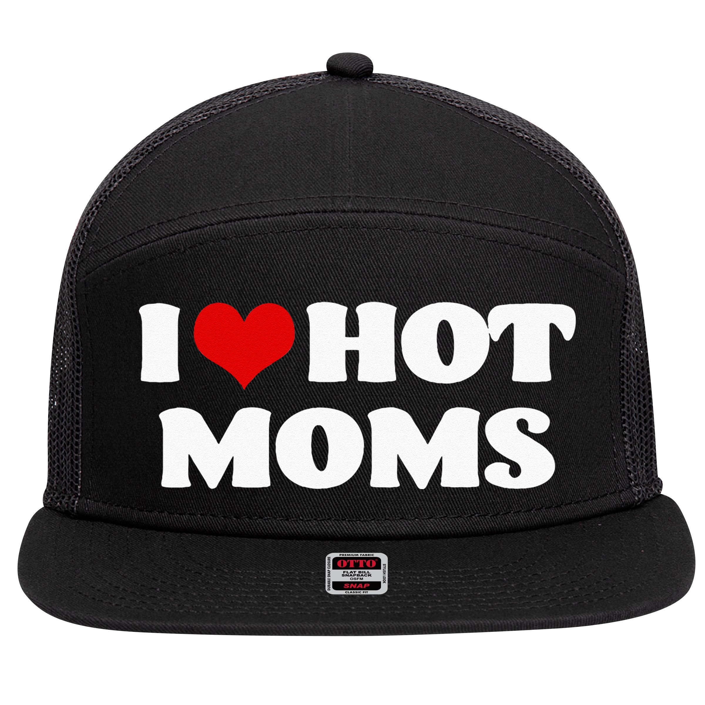 I Love Hot Moms Red Heart Hot Mother 7 Panel Mesh Trucker Snapback Hat