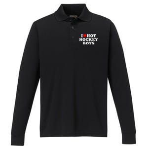 I Love Hot Hockey Funny Gift Performance Long Sleeve Polo