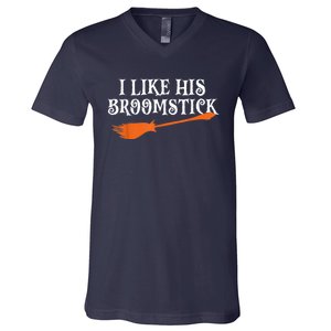 I Like His Broomstick Halloween Funny Couple Costume V-Neck T-Shirt