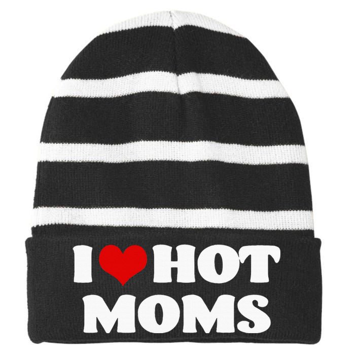 I Love Hot Moms Red Heart Hot Mother Striped Beanie with Solid Band