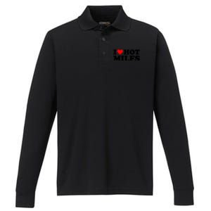 I Love Hot Milfs Funny Red Heart I Heart Hot Moms Milfs Gift Performance Long Sleeve Polo