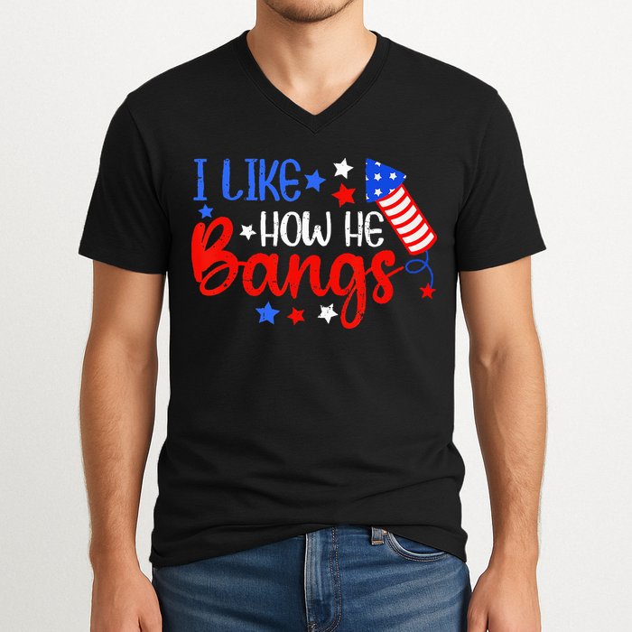 I Like How He Bang Funny 4th Of July Matching Couple V-Neck T-Shirt