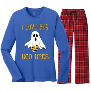 I Love Her Boo Bees Funny Couple Matching Halloween Costumer Gift Women's Long Sleeve Flannel Pajama Set 