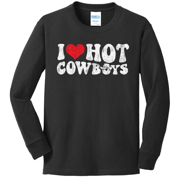 I Love Hot Cowboys Groovy Retro Vintage Country Western Kids Long Sleeve Shirt