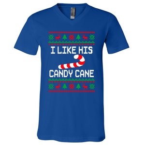 I Like His Candy Cane Funny Couples Ugly Christmas Cute Gift V-Neck T-Shirt