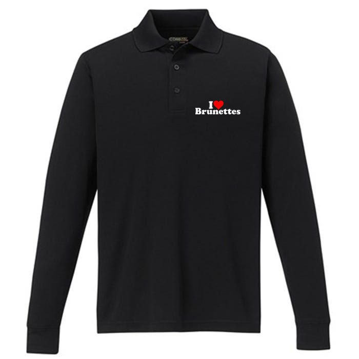 I Love Heart Brunettes Brunette Dark Hair Performance Long Sleeve Polo