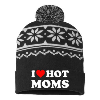 I Love Hot Moms Funny Red Heart Love Moms USA-Made Snowflake Beanie