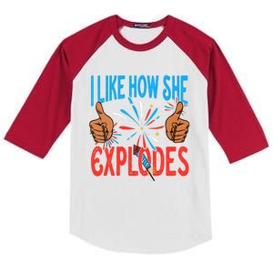 I Like How She Explodes I Like How He Bangs Fireworks Funny 4th Of July Couple Kids Colorblock Raglan Jersey