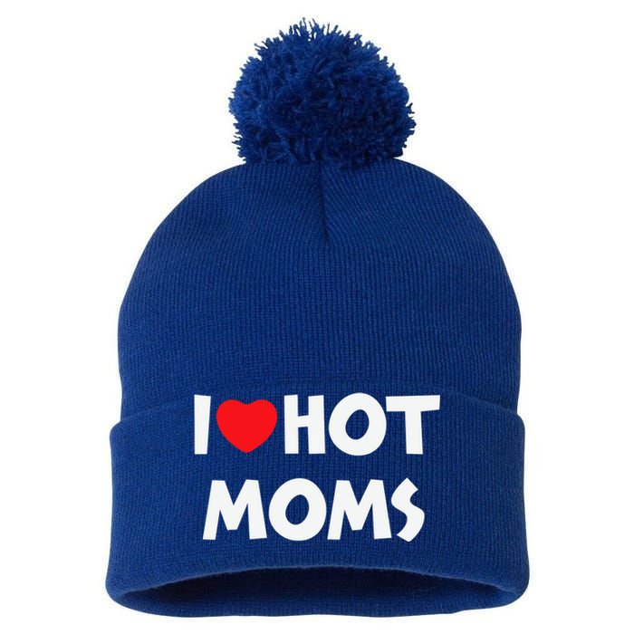 I Love Hot Moms Funny Red Heart Love Moms Love Mama Gift Pom Pom 12in Knit Beanie