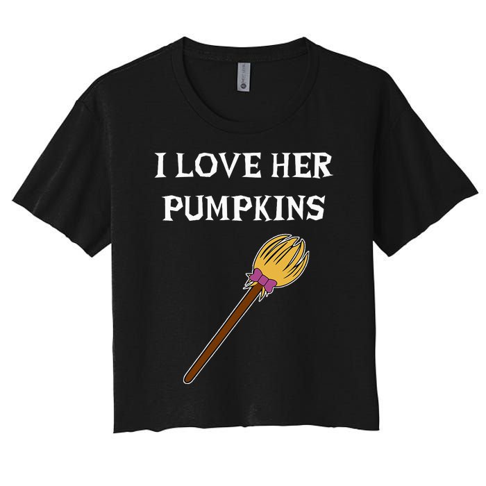 I Love Her Pumpkins Adult Matching Couples Halloween Costume Women's Crop Top Tee