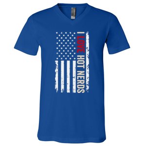 I Love Hot Nerds American Usa Flag Meaningful Gift V-Neck T-Shirt