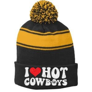 I Love Hot Cowboys Groovy Retro Country Western Stripe Pom Pom Beanie