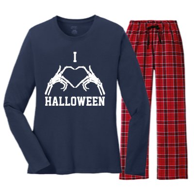 I Love Halloween Skeleton Heart Women's Long Sleeve Flannel Pajama Set 