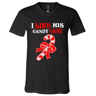 I Like His Candy Cane Funny Couples Matching Christmas V-Neck T-Shirt