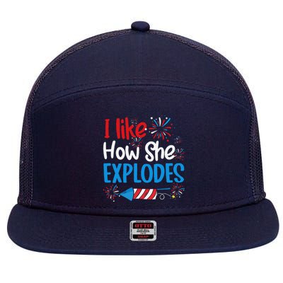 I Like How She Explodes Fireworks Funny Couple 4th Of July 7 Panel Mesh Trucker Snapback Hat