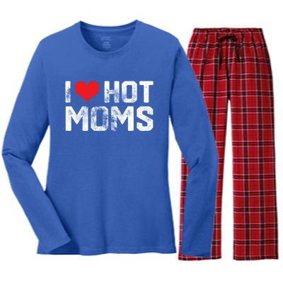 I Love Hot Moms Distressed Retro Vintage Design Gift Women's Long Sleeve Flannel Pajama Set 