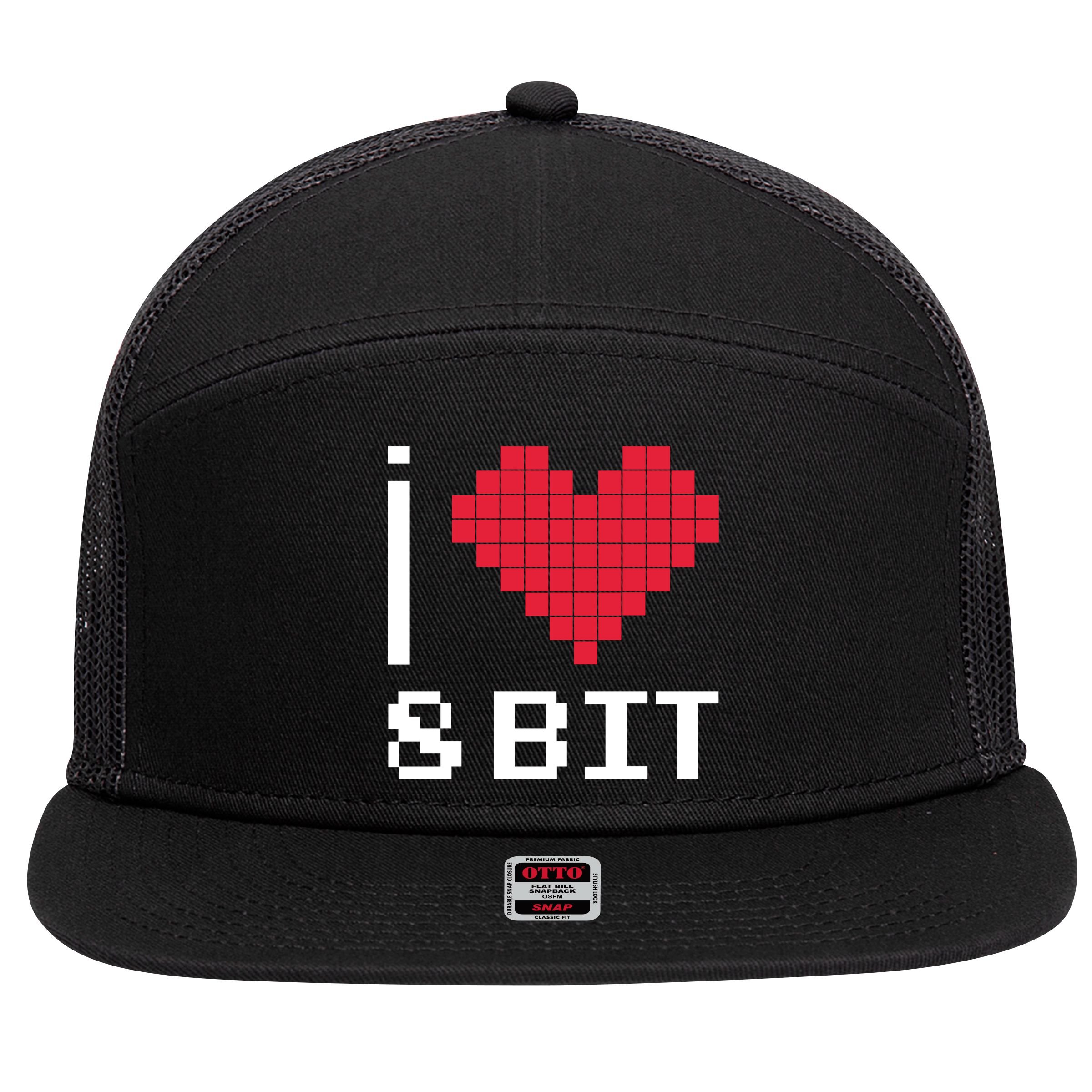 I Love Heart 8 Bit Retro Gamer Gaming 7 Panel Mesh Trucker Snapback Hat