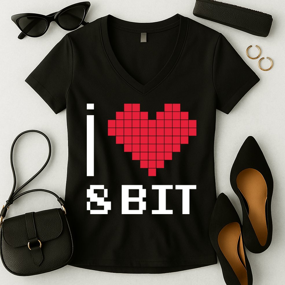 I Love Heart 8 Bit Retro Gamer Gaming Women's V-Neck T-Shirt