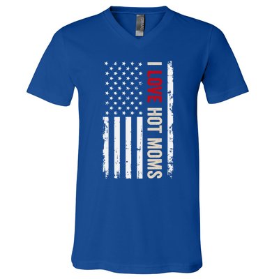 I Love Hot Moms American Usa Flag Gift V-Neck T-Shirt