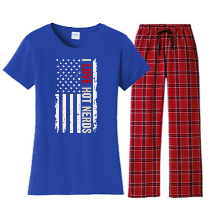 I Love Hot Nerds American Usa Flag Cool Gift Women's Flannel Pajama Set