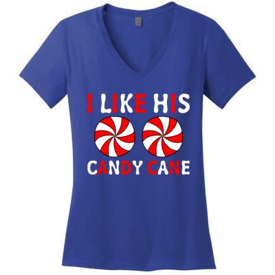 I Like His Candy Cane Funny Couple Pajama Christmas Matching Women's V-Neck T-Shirt