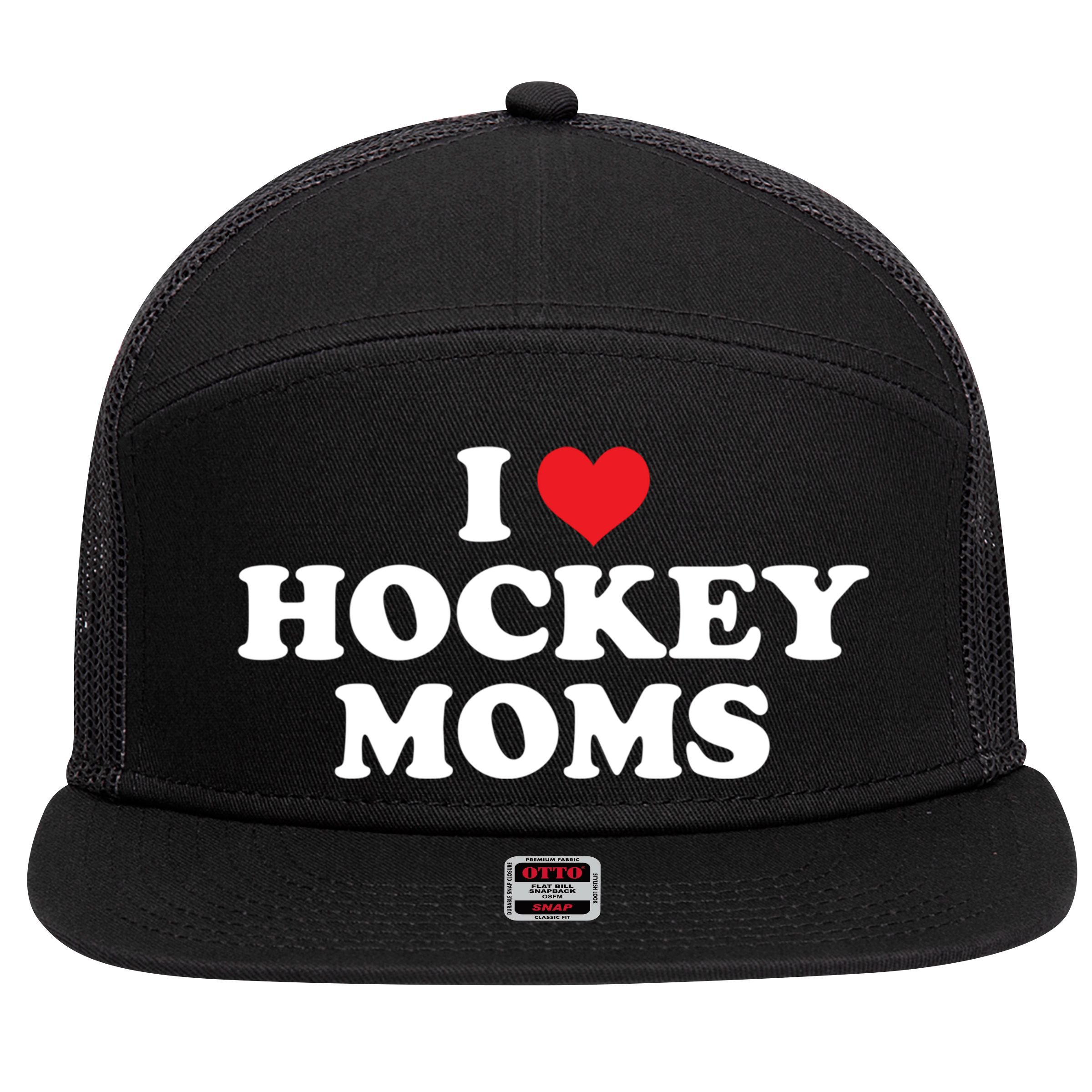I Love Hockey Moms Funny Design Gift 7 Panel Mesh Trucker Snapback Hat