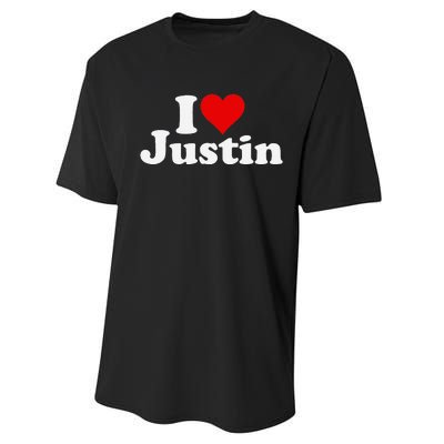 I Love Heart Justin Performance Sprint T-Shirt