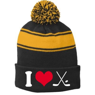 I Love Hockey, Sticks And Puck Stripe Pom Pom Beanie