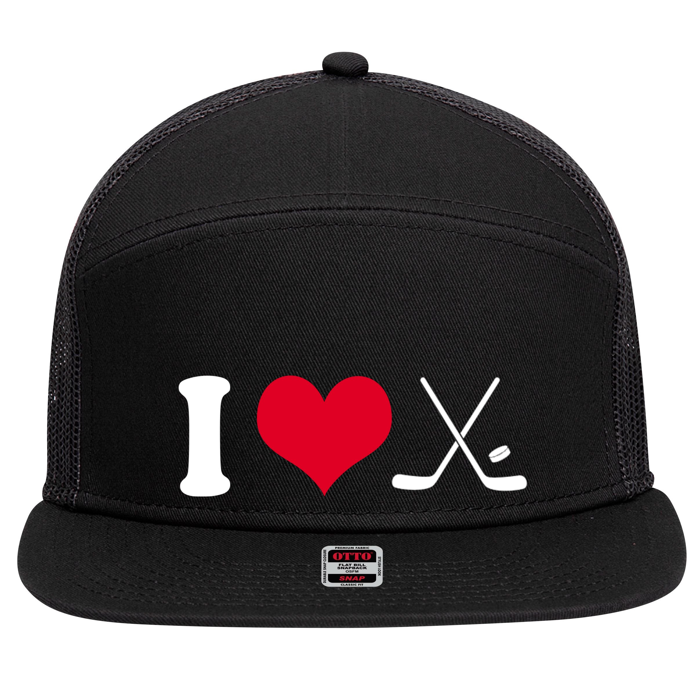 I Love Hockey, Sticks And Puck 7 Panel Mesh Trucker Snapback Hat